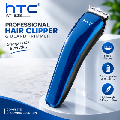 Original HTC AT-528 Professional Rechargeable Hair Clipper & Beard Trimmer – Cordless Stainless Steel Grooming Kit with 4 Guide Combs & Adjustable Length Settings